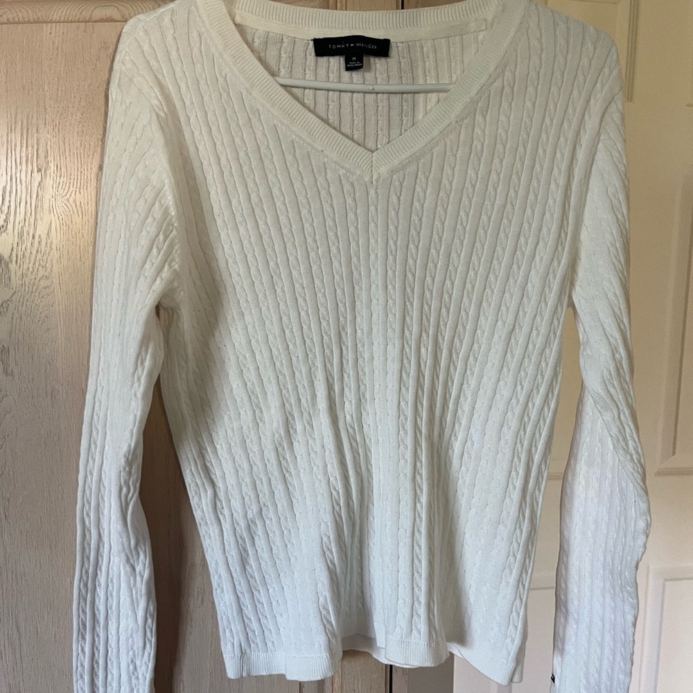 Tommy Hilfiger White V-Neck Sweater